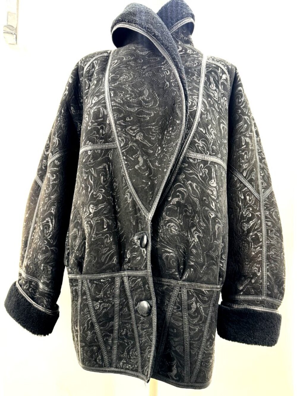 Vintage Black Canadian Shearling Sheepskin Coat Bomber Tooled Suede Jacket Sz L